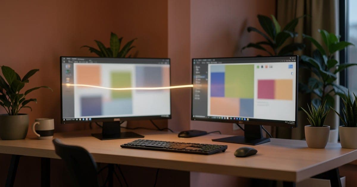Two monitors on a desk against a terracotta wall, joined by a thin trail of light running from one screen to the other