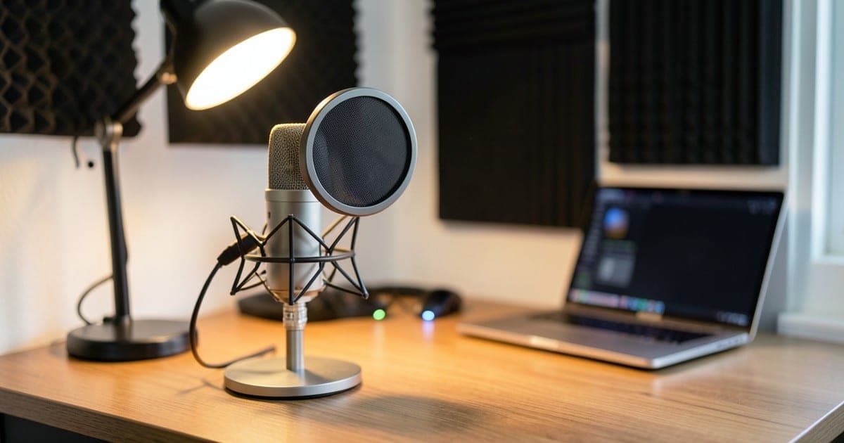 A studio microphone in front of a glowing audio waveform on a dark desk