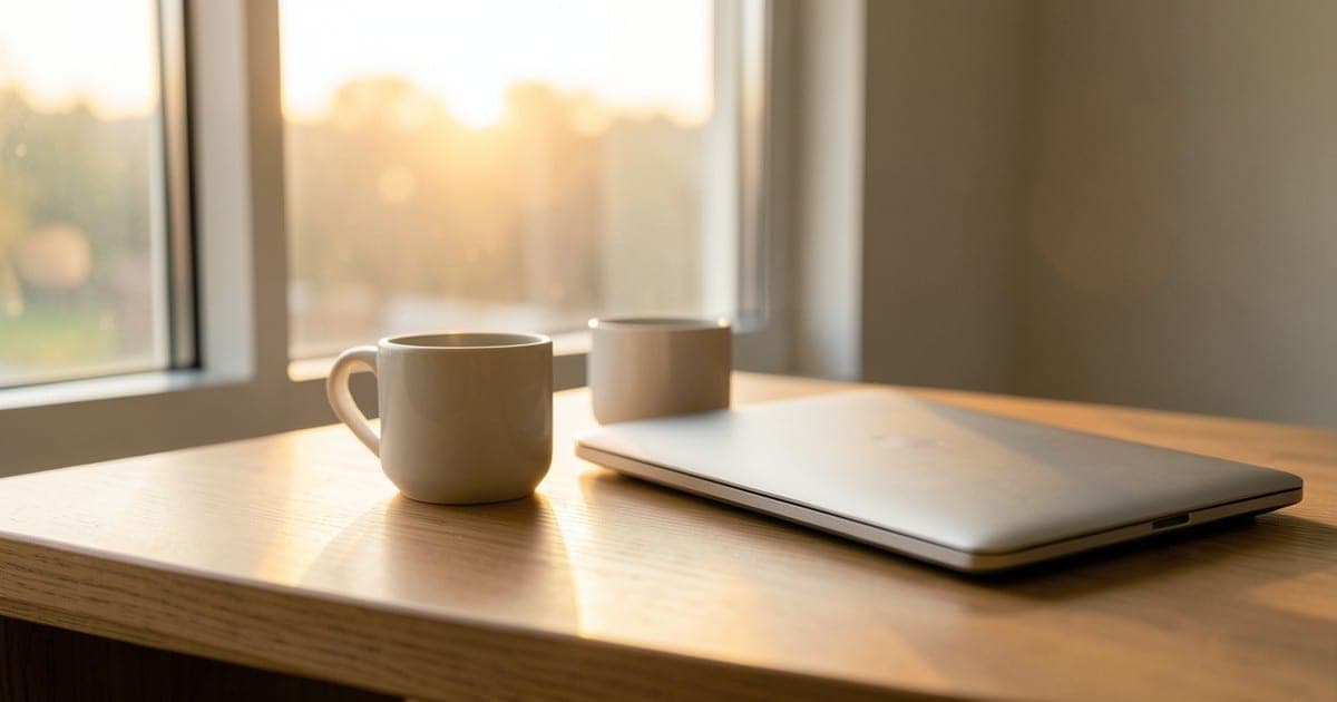 Two coffee cups beside a closed laptop on a wooden desk at sunrise