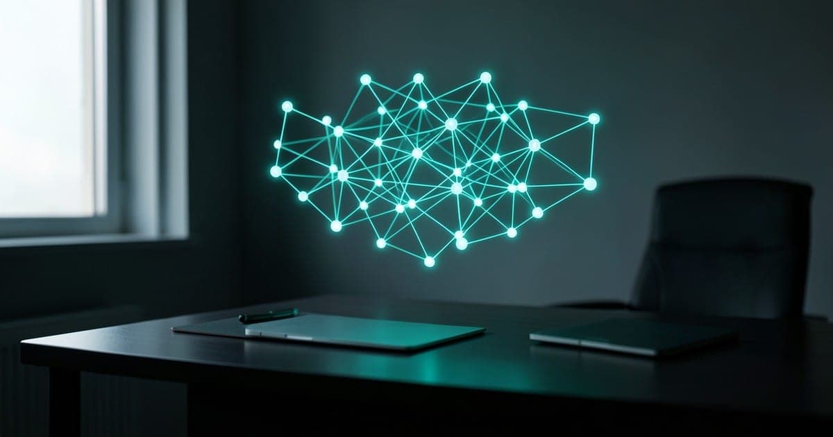 Una red 3D luminosa de nodos conectados flotando sobre un escritorio oscuro