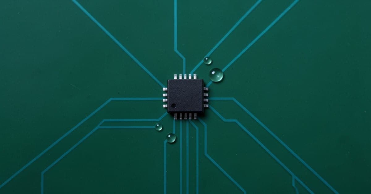 A small black chip on a green circuit board, with water droplets resting on the traces around it