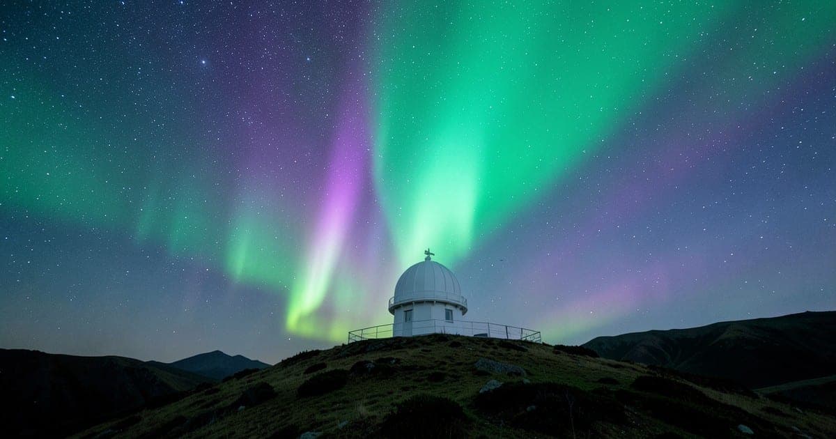 Un pequeño observatorio bajo una aurora intensa en un paisaje oscuro