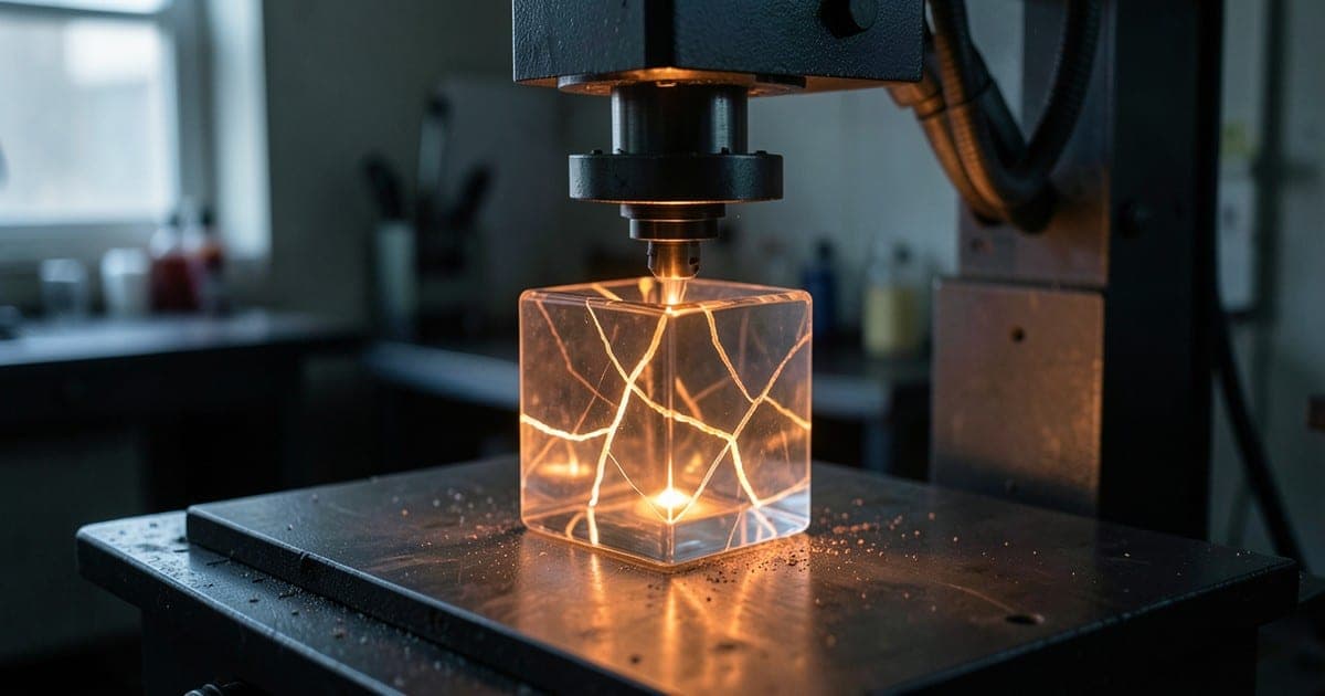 Una prensa hidráulica comprime un cubo de vidrio transparente que se agrieta con fisuras naranjas luminosas en un taller en penumbra