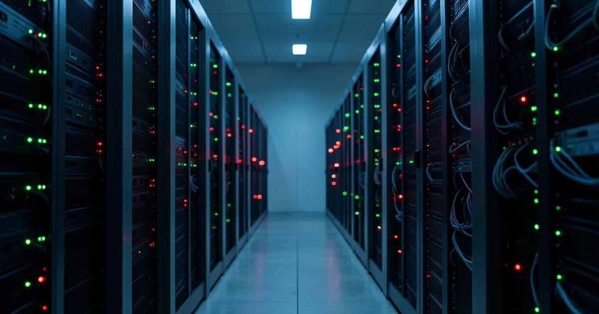 Server racks in a dim data center with scattered red warning lights among green ones