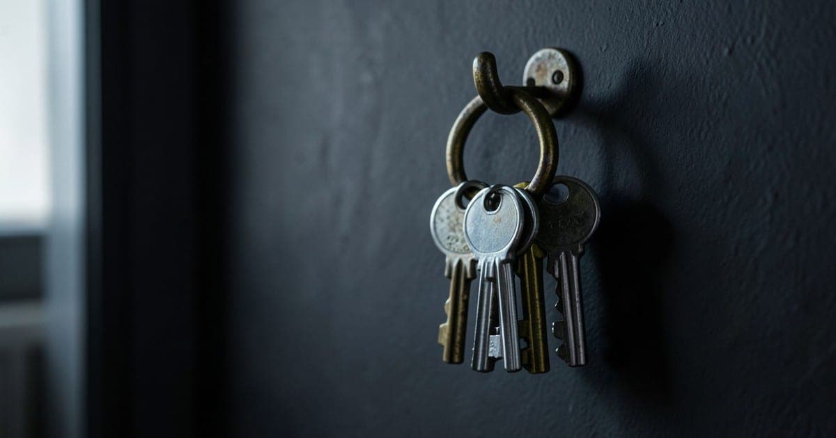 A ring of old brass keys with a few new shiny keys, hanging on a hook in a dim room